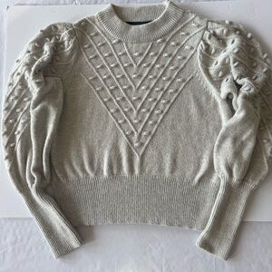 French Connection Puff Sleeve Bobble Knit Sweater | Light Gray | Size M